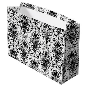 Grand Sac Cadeau Motif ornemental damassé vintage blanc et noir