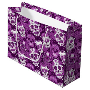 Grand Sac Cadeau Motif ornemental fleuri à crâne de sucre pourpre