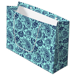 Grand Sac Cadeau Motif Paisley Vintage bleu foncé sur vert menthe