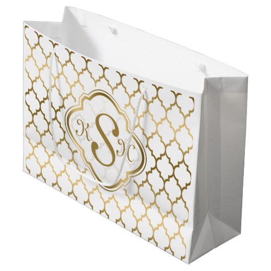 Grand Sac Cadeau Motif Quatrefoil Or & Blanc Monogramme (Devant Angle)