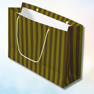 Grand Sac Cadeau Motif rayé en brun chocolat et vert olive