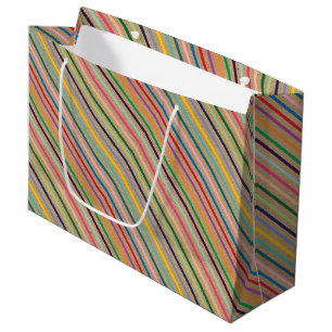 Grand Sac Cadeau Motif rayure coloré sur kraft brun faux rustique