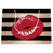 Grand Sac Cadeau motif rose de rayures de noir d'or de lèvres (Devant)