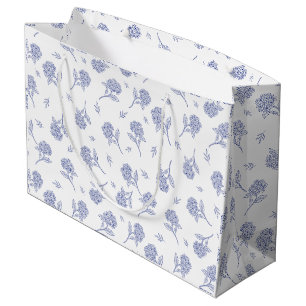Grand Sac Cadeau Motif Toile Botanique Hortensia Bleu Et Blanc