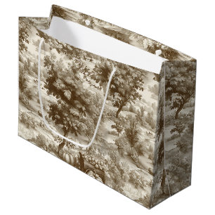 Grand Sac Cadeau Motif Toile de Pays Français Sépia Citrouille