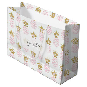 Grand Sac Cadeau Motif tropical d'ananas d'or élégant de faux