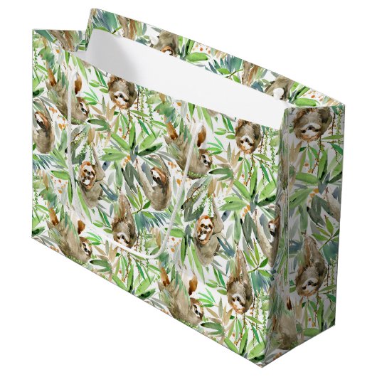 Grand Sac Cadeau Motif tropical de paresse d'aquarelle (Devant Angle)