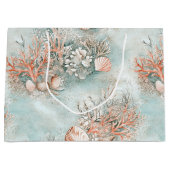 Grand Sac Cadeau Motif Vagues Aqua et Coquillages de Récif Corallie (Devant)