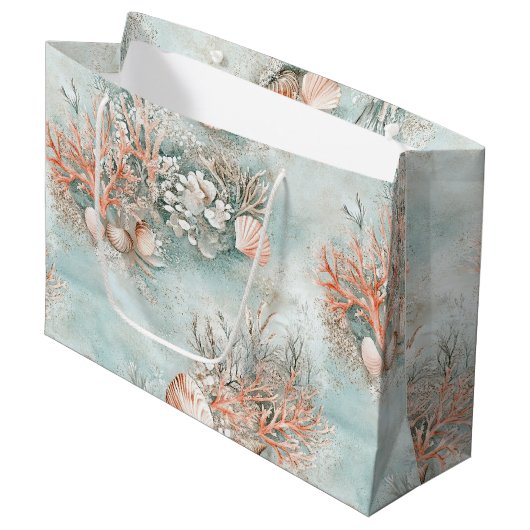 Grand Sac Cadeau Motif Vagues Aqua et Coquillages de Récif Corallie (Devant Angle)