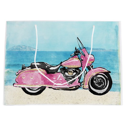 Grand Sac Cadeau Moto rose sur la plage (Devant)