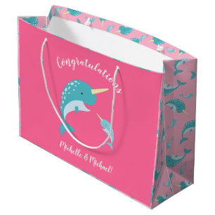 Grand Sac Cadeau Narwhal Baby shower rose fille baleine