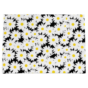 Grand Sac Cadeau Négative Space Daisies blanc jaune sur noir
