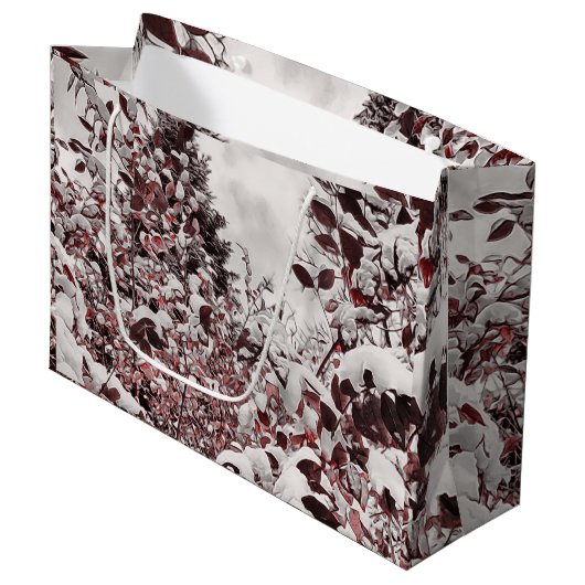Grand Sac Cadeau Neige fraîche sur Feuilles rouges (Devant Angle)