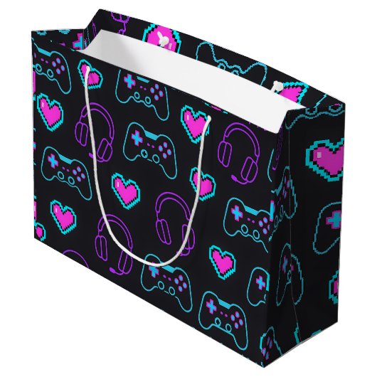 Grand Sac Cadeau Neon Gamer Controller and Hearts Pattern (Dos Angle)