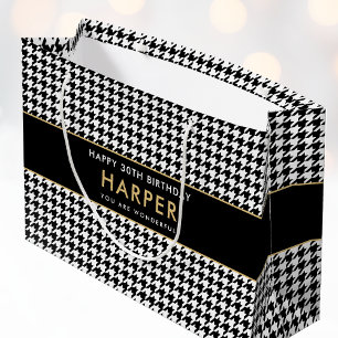 Grand Sac Cadeau N'importe quel âge Noir Blanc Houndstooth Joyeux a