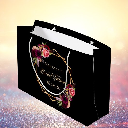 Grand Sac Cadeau Noce : Fleurs noires florales bordeaux