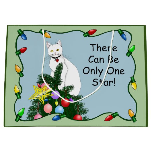 Grand Sac Cadeau Noël Arbre drôle Chat blanc (Devant)