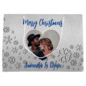 Grand Sac Cadeau Noël argent neige bleu (Devant)