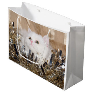 Grand Sac Cadeau Noël blanc de chat persan