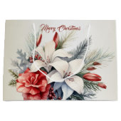 Grand Sac Cadeau Noël Blanc Fleurs Rouges Vacances Élégant (Devant)