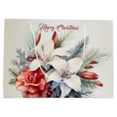 Grand Sac Cadeau Noël Blanc Fleurs Rouges Vacances Élégant (Dos)