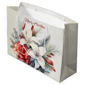 Grand Sac Cadeau Noël Blanc Fleurs Rouges Vacances Élégant (Dos Angle)