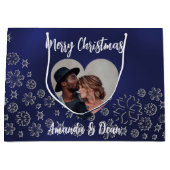 Grand Sac Cadeau Noël bleu argent neige coeur (Devant)