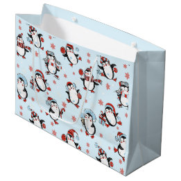 Grand Sac Cadeau Noël bleu Pingouin mignon