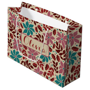 Grand Sac Cadeau Noël Elégant Vintage Floral Nom personnalisé