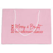 Grand Sac Cadeau Noël Joyeux et rose rouge vif 2025 (Devant)