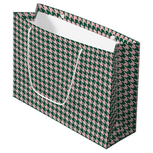 Grand Sac Cadeau Noël moderne Houndstooth Vert et Rose (Devant Angle)