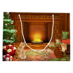 Grand Sac Cadeau Noël orange de famille de chat tigré