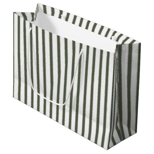 Grand Sac Cadeau Noël rayures blanches vert olive (Devant Angle)