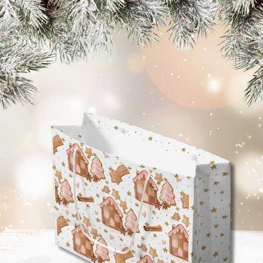 Grand Sac Cadeau Noël rose Brown pain d'épices Maisons Or étoiles