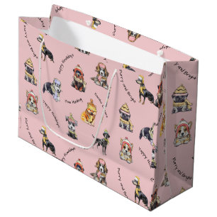 Grand Sac Cadeau Noël rose Illustré Chiens mignons Motifs