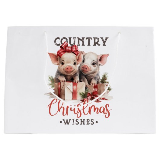Grand Sac Cadeau Noël rustique Pays Souhaite Joli Cochon (Devant)