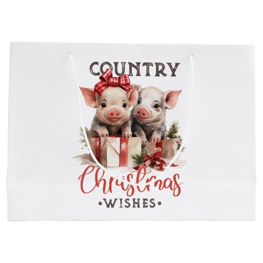 Grand Sac Cadeau Noël rustique Pays Souhaite Joli Cochon (Dos)