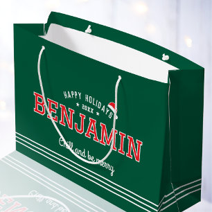 Grand Sac Cadeau Noël Santa Chapeau Nom Typographie Rouge Vert