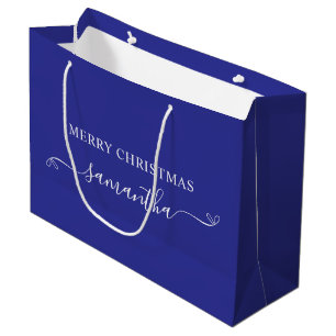 Grand Sac Cadeau Nœud de Noël Joyeux Noël Bleu Profond Blanc Signat