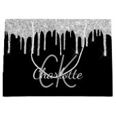 Grand Sac Cadeau Noir argent monogramme nom moderne élégant (Devant)