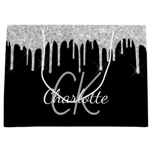 Grand Sac Cadeau Noir argent monogramme nom moderne élégant (Devant)
