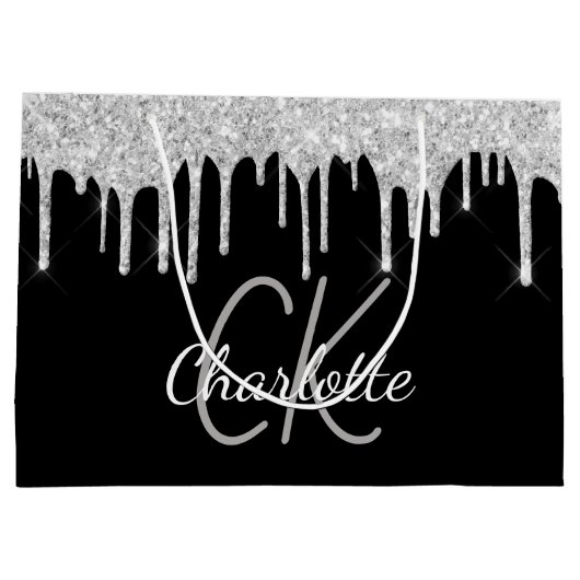 Grand Sac Cadeau Noir argent monogramme nom moderne élégant (Dos)