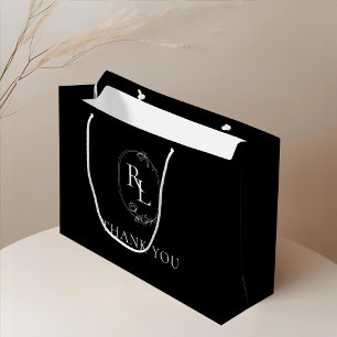Grand Sac Cadeau Noir chic   Merci Mariage de Monogramme Floral