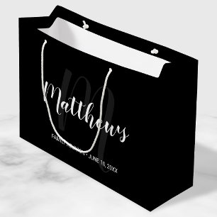 Grand Sac Cadeau Noir personnalisé moderne de monogramme et de nom