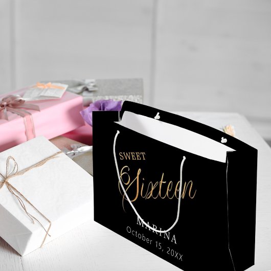 Grand Sac Cadeau Noir script de nom or Sweet 16