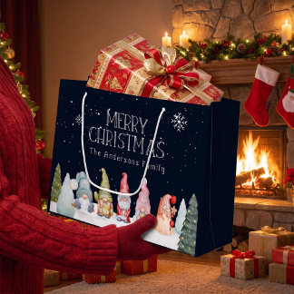 Grand Sac Cadeau Nom de famille Joyeux Noël Hiver Neige Gnomes