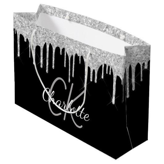 Grand Sac Cadeau Nom de monogramme argent noir moderne élégant (Dos Angle)