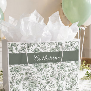 Grand Sac Cadeau Nom de monogramme de toile vintage florale vert sa