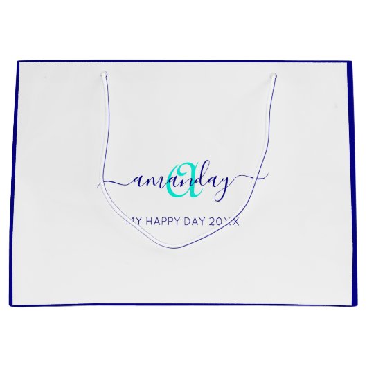 Grand Sac Cadeau Nom du monogramme Blanc Bleu Bridal Sweet 16e Mari (Devant)