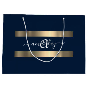 Grand Sac Cadeau Nom du monogramme Blue Navy Gold Anniversaire